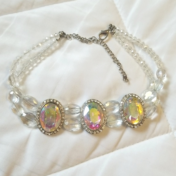 Silver Glass Bead Oval Choker Necklace - Picture 2 of 4